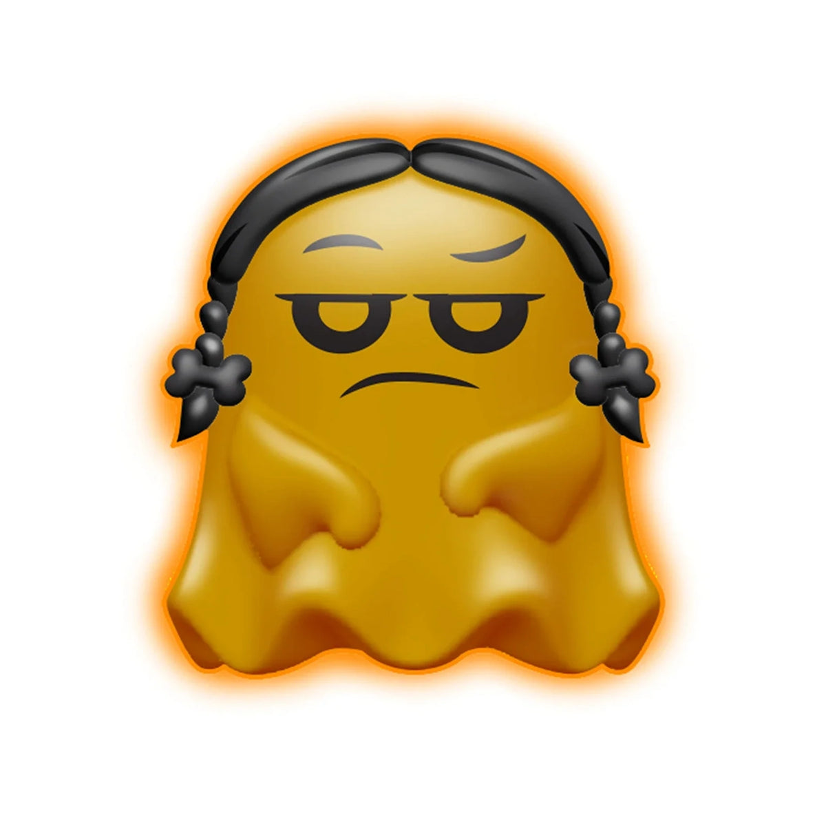 Orange NeeDoh Glowy Ghost fidget toy with black braided hair, a grumpy expression, and an orange glow.