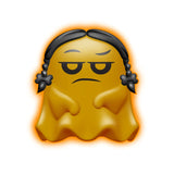Orange NeeDoh Glowy Ghost fidget toy with black braided hair, a grumpy expression, and an orange glow.
