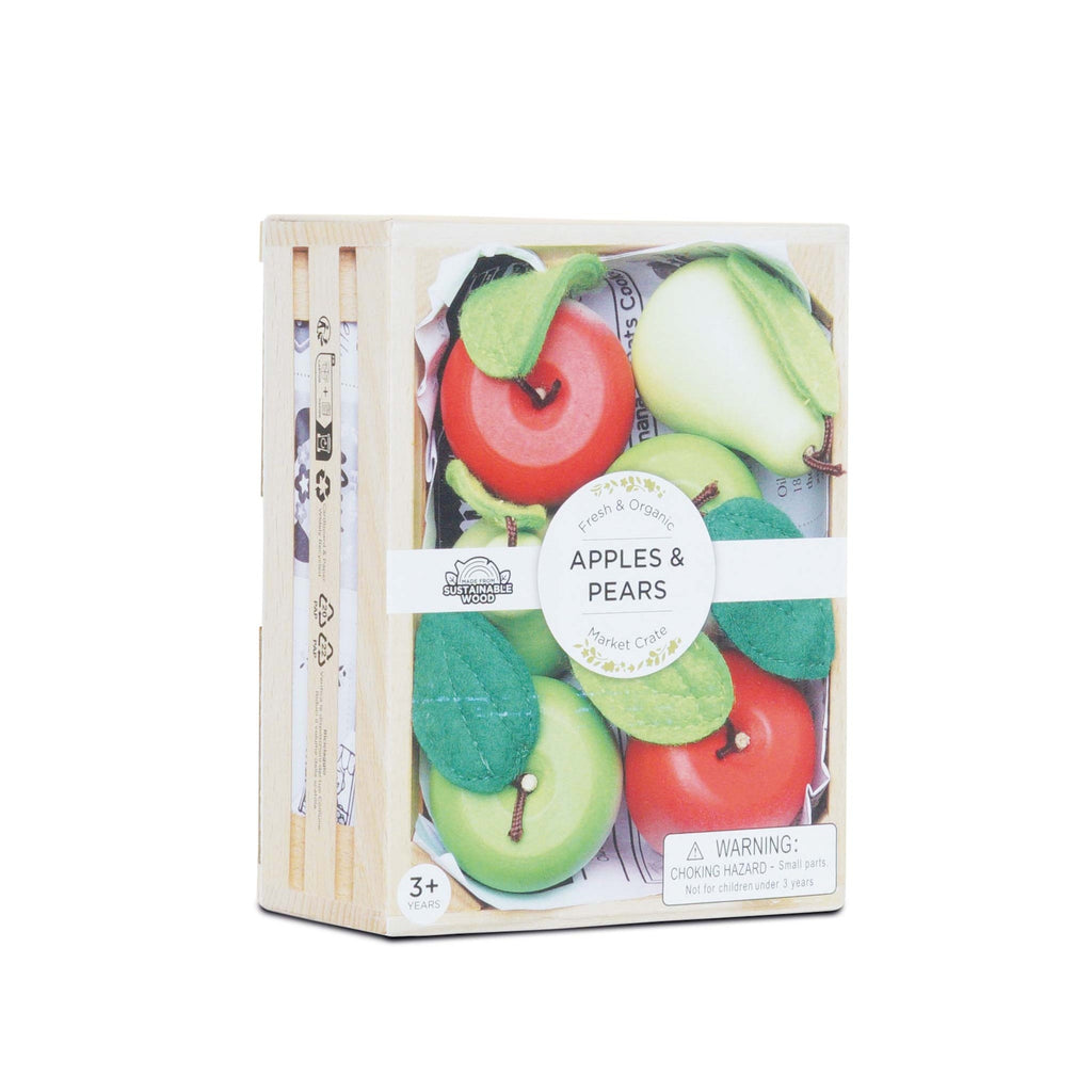 Wooden crate with toy apples and pears, featuring red and green fruits and felt leaves. Label reads "Apples & Pears." Eco-friendly and for ages 3+.