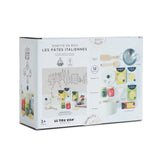 Back packaging of Le Toy Van wooden pasta set displaying product features and individual pieces.