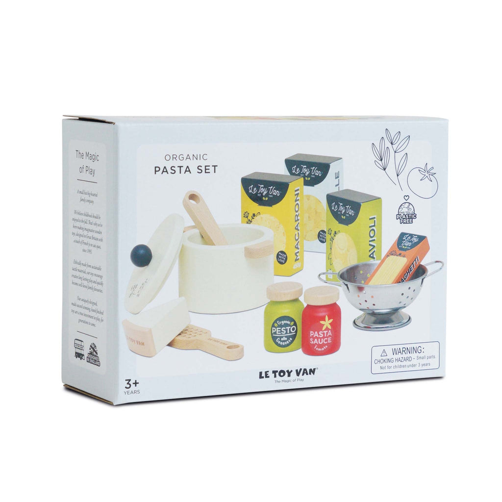 Toy pasta set box featuring toy pasta boxes, a pot with a lid and spoon, pesto and pasta sauce jars, and a colander. Designed for ages 3 and up.