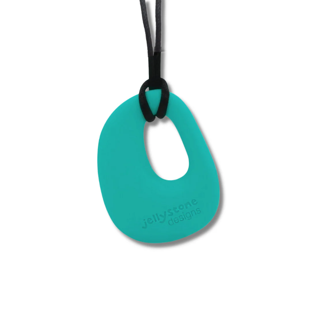 Teal silicone pendant on a black cord, shaped like a loop with an off-center opening. The pendant is branded with "Jellystone Designs."