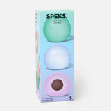 Packaging box for Speks Gump memory gel stress balls featuring three cool-toned spherical fidgets.