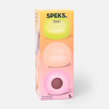 Packaging box for Speks Gump memory gel stress balls featuring three colorful spherical fidgets.