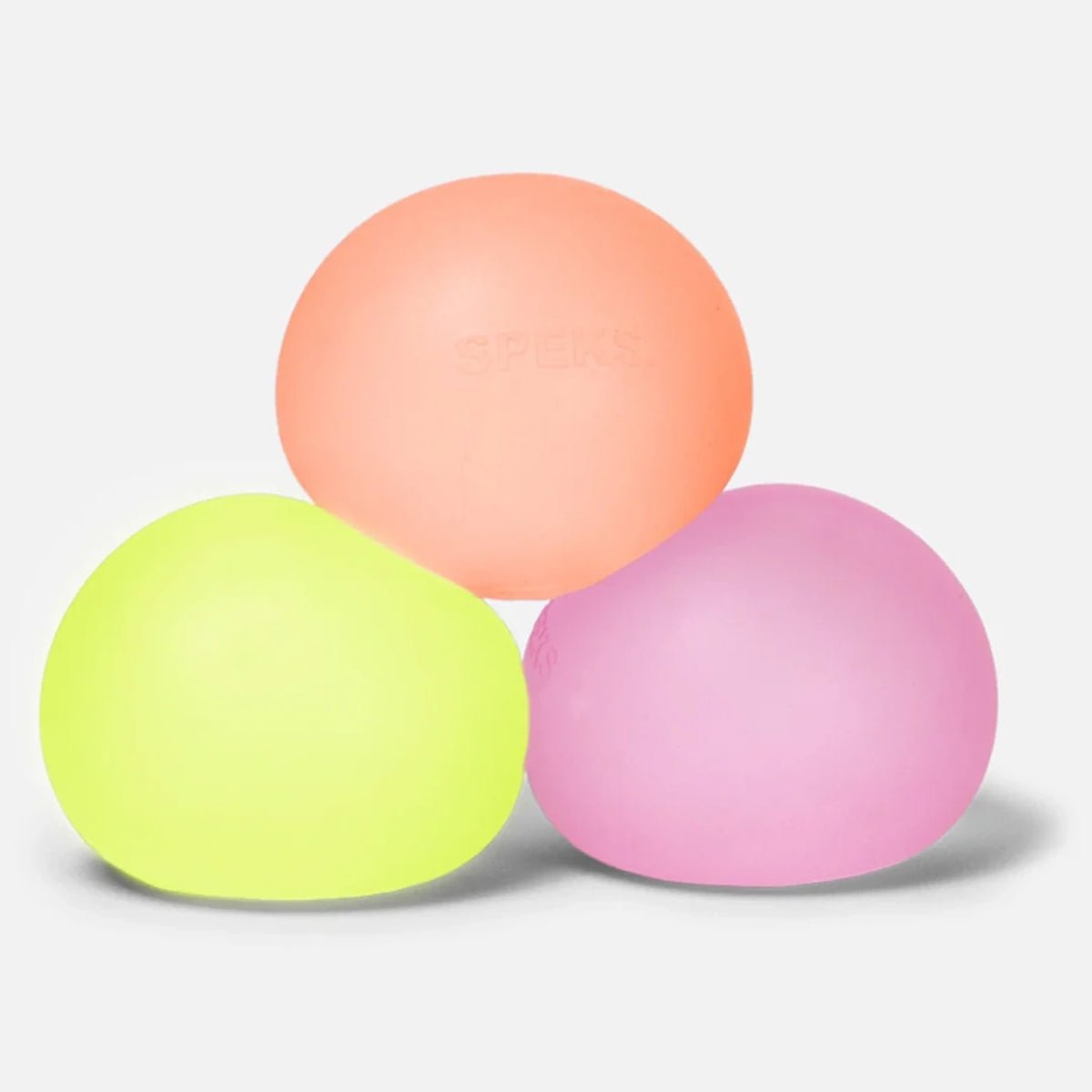 Three colorful round memory gel stress balls stacked in lime green, peach, and pink.