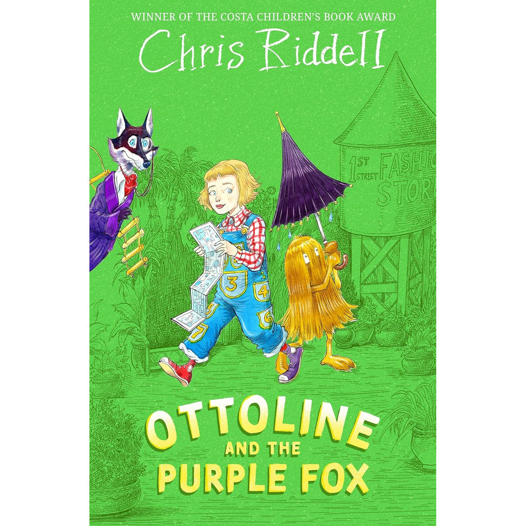 Cover of "Ottoline and the Purple Fox" by Chris Riddell, featuring a girl with maps, a furry creature with an umbrella, and a fox in a suit against a green city backdrop.