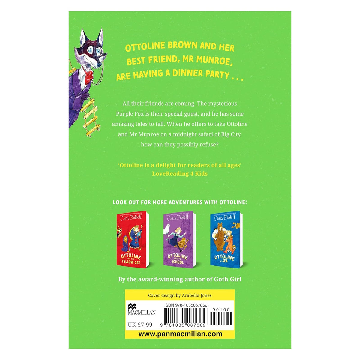 Back cover of Ottoline and the Purple Fox by Chris Riddell, featuring a green background and book blurb.