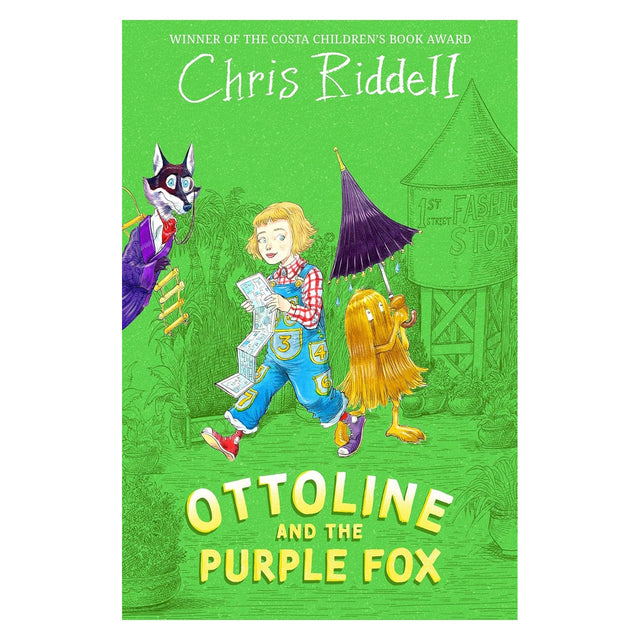 Book cover for Ottoline and the Purple Fox by Chris Riddell featuring a girl, hairy creature, and fox.