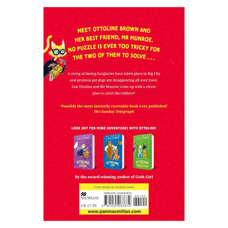 Back cover of Ottoline and the Yellow Cat children's book by Chris Riddell, featuring a yellow cat character.