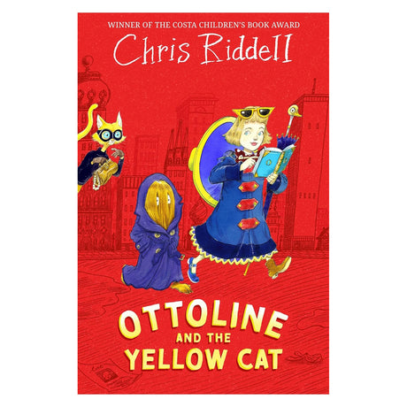 Ottoline and the Yellow Cat book cover by Chris Riddell, showing a girl, hairy creature, and a masked cat.