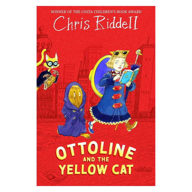Ottoline and the Yellow Cat book cover by Chris Riddell, showing a girl, hairy creature, and a masked cat.