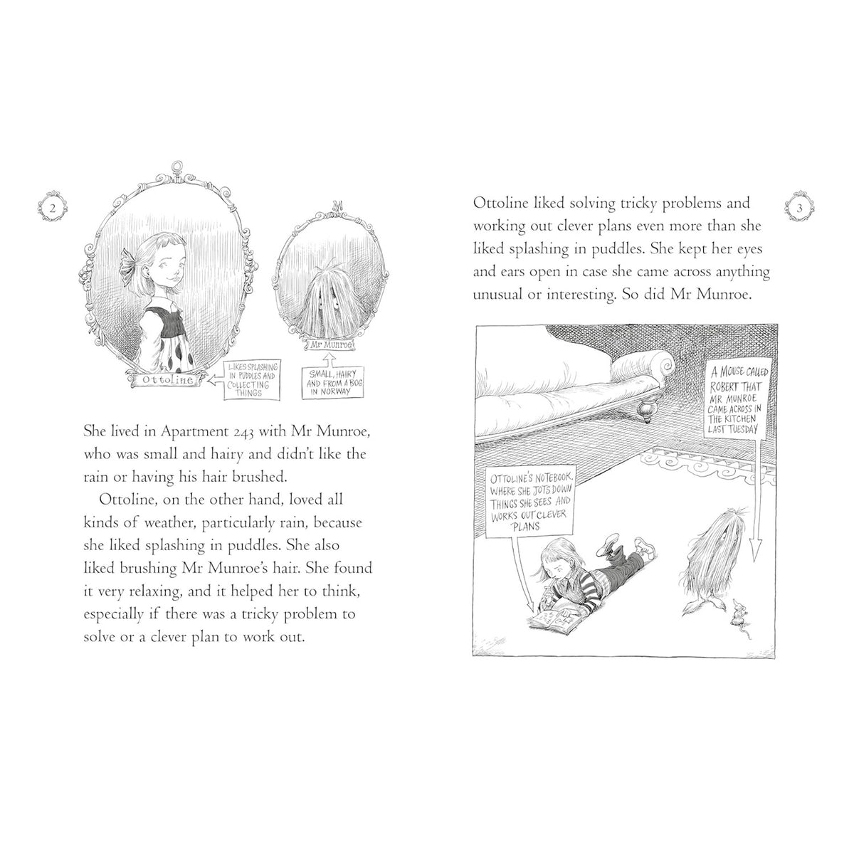 Children's book illustration of Ottoline and her small, hairy friend Mr Munroe on pages 2 and 3.