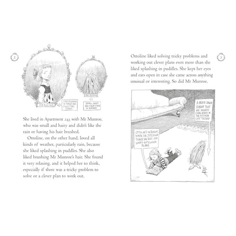 Children's book illustration of Ottoline and her small, hairy friend Mr Munroe on pages 2 and 3.