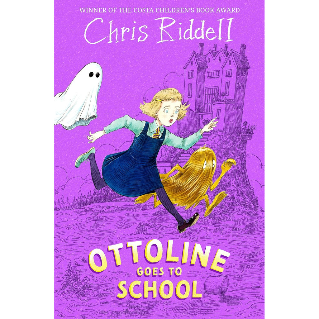 A girl and a hairy creature dash happily across a purple background, pursued by a friendly ghost. An old building looms in the distance. Text reads "Ottoline Goes to School."