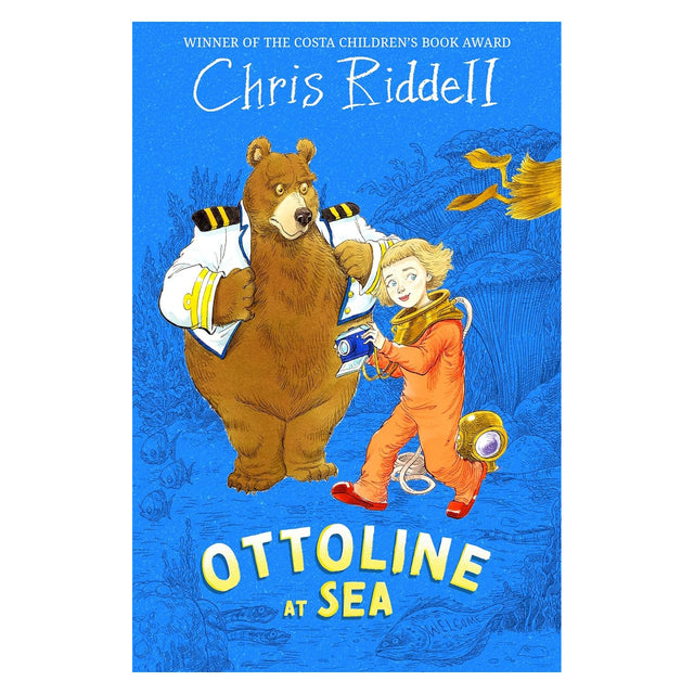Book cover for Ottoline at Sea by Chris Riddell, featuring a girl in a diving suit and a bear in a captain jacket.