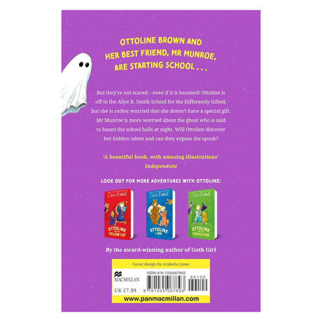 Back cover of Ottoline Goes to School children book by Chris Riddell showing purple background and synopsis.