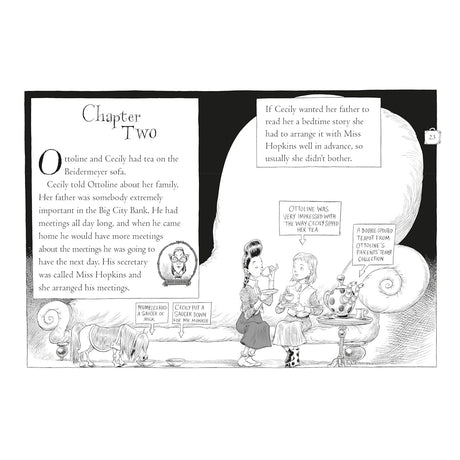 Inside page illustration from Ottoline Goes to School children's book showing characters having tea.