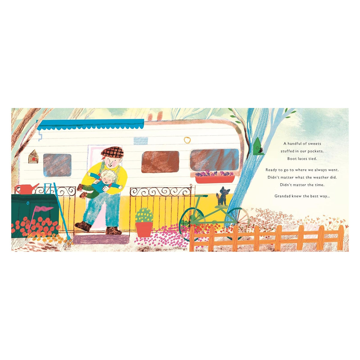 Illustration of a grandfather carrying a child in front of a vintage camper trailer with flowers and a bicycle.