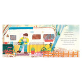 Illustration of a grandfather carrying a child in front of a vintage camper trailer with flowers and a bicycle.