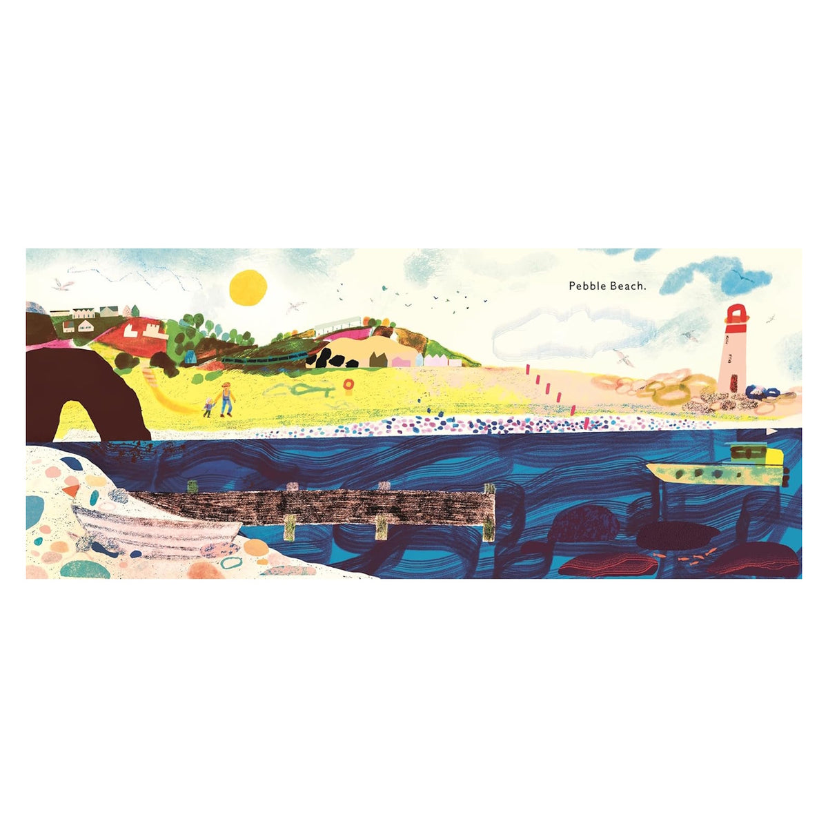 Illustrated coastal scene at Pebble Beach with a lighthouse, sailboats, colorful beach huts, and rolling green hills.