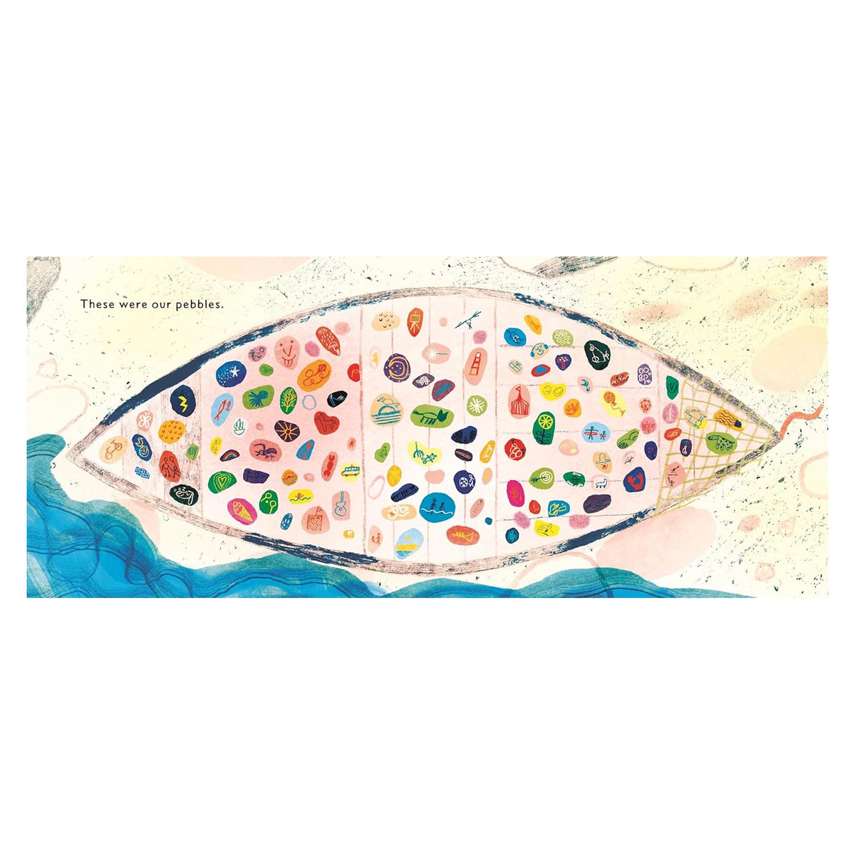 An illustration of a boat filled with colorful pebbles featuring various symbols, with the text "These were our pebbles."