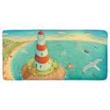 Whimsical illustration of a red and white striped lighthouse on a rocky cliff overlooking a turquoise sea with seagulls.