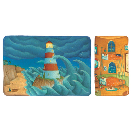 Whimsical illustration of a lighthouse in a stormy sea next to a cozy indoor bedroom scene with bunk beds and a cat.