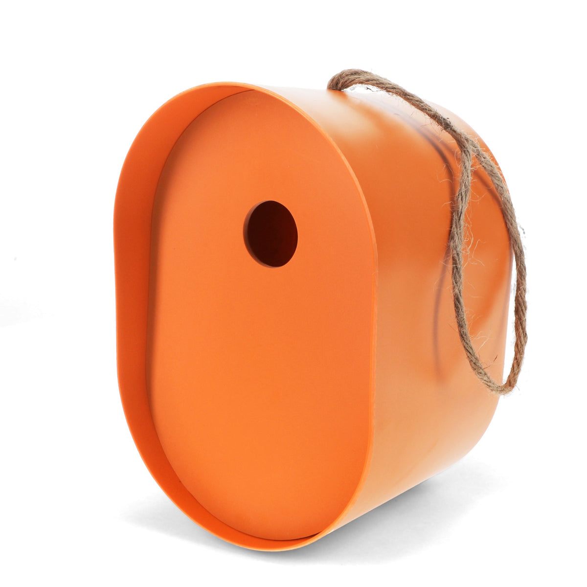 Modern orange oval bamboo fiber birdhouse with a jute hanging rope, perfect for sustainable backyard bird nesting.