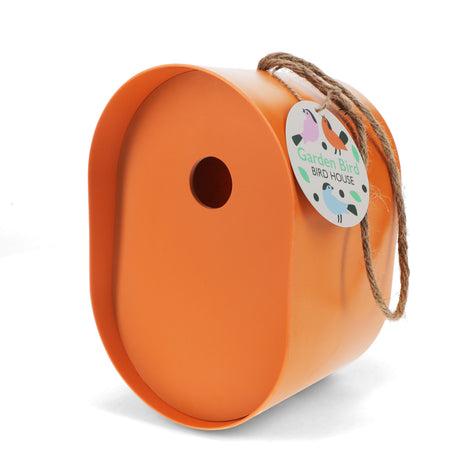 Orange oval bamboo fibre birdhouse with small entry hole, hanging twine rope, and Garden Bird label on white background.
