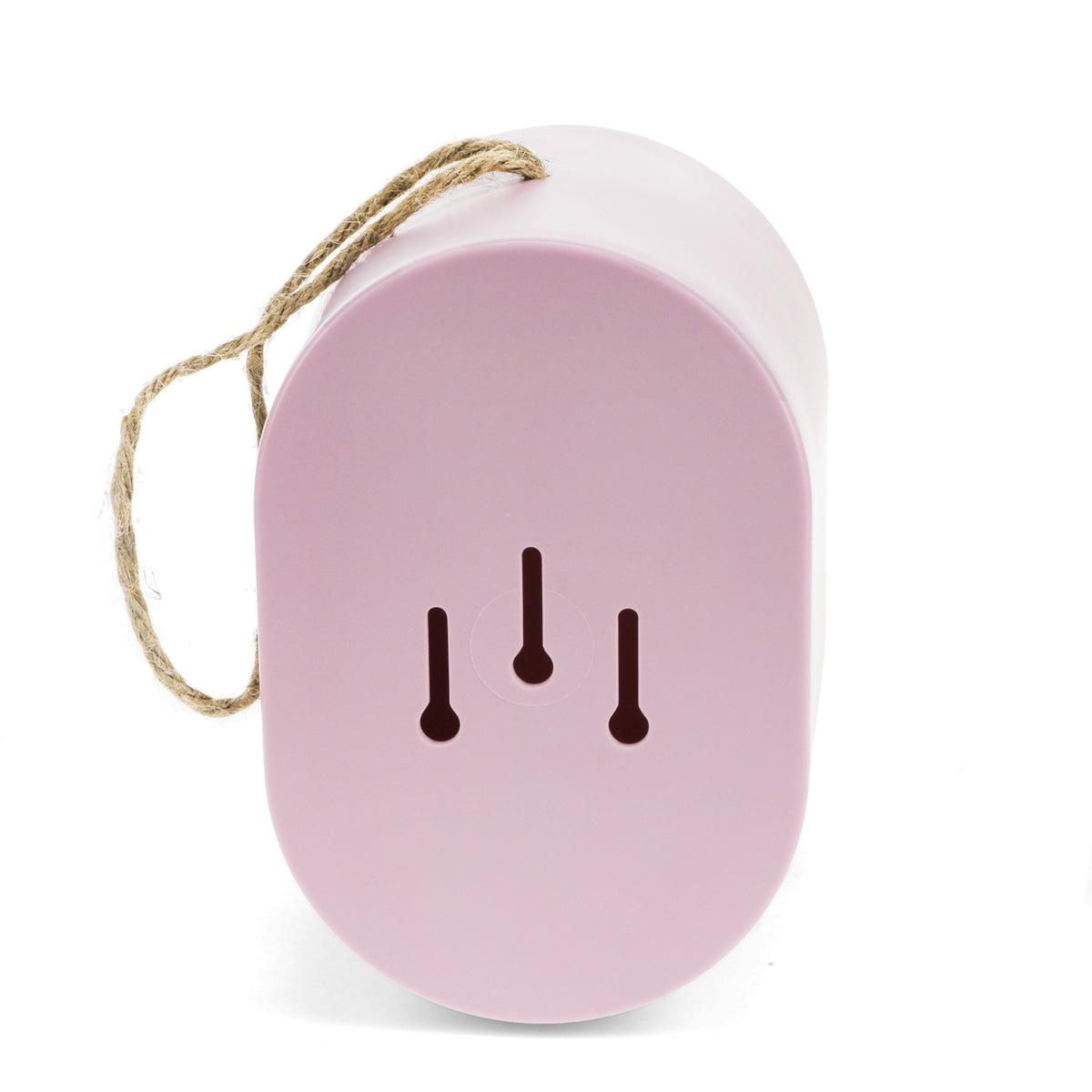 Pink oval bamboo fiber birdhouse back view with hanging twine and drainage slots on a white background.