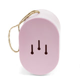 Pink oval bamboo fiber birdhouse back view with hanging twine and drainage slots on a white background.