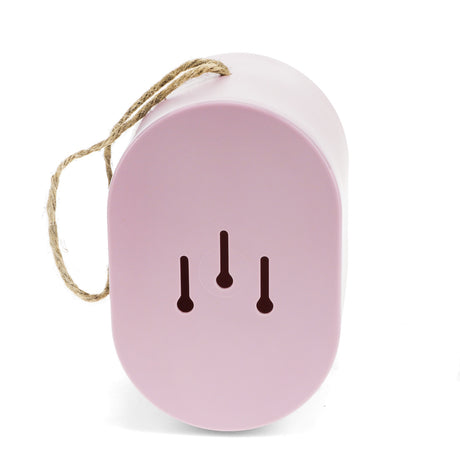 Pink oval bamboo fiber birdhouse back view with hanging twine and drainage slots on a white background.