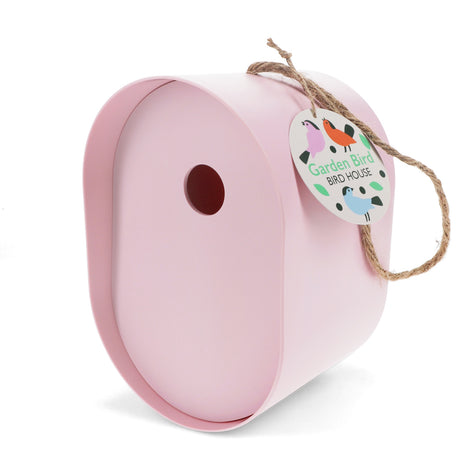 Oval pink bamboo fiber garden bird house with a twine hanging loop and decorative colorful bird tag on a white background.