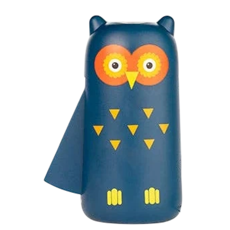 Blue owl-shaped squeeze flashlight with orange eyes and yellow beak details.
