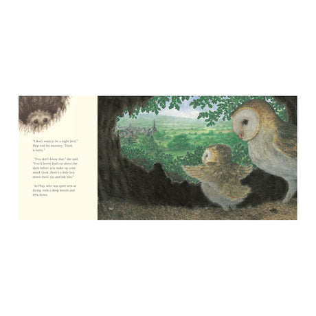 A young owl talks with its mother in a tree hole overlooking a lush green landscape and village. The scene feels calm and nurturing. Text on the left.