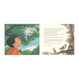 Illustration of a boy in an orange hoodie looking up at a fluffy white owl perched on a tree branch. Text on the right describes a story scene.