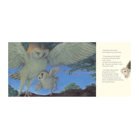 An adult owl with outstretched wings stands beside a fluffy owlet, both perched on a branch against a twilight sky. Text on the right narrates their conversation.