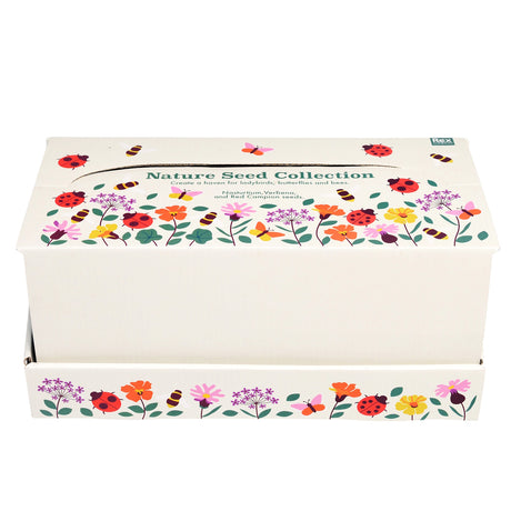 Nature Seed Collection box with floral illustrations, ladybirds, and bees.