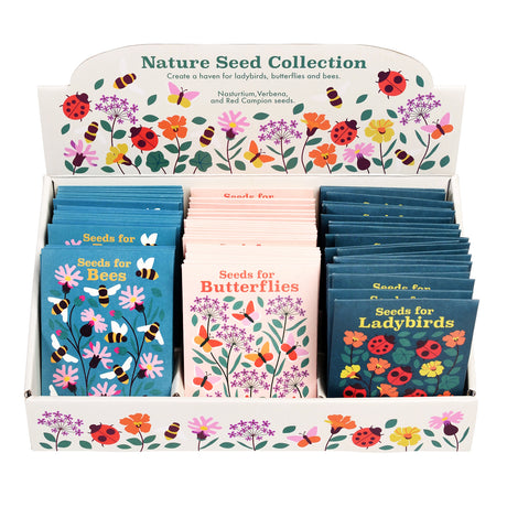 Nature Seed Collection display box with colorful seed packets for bees, butterflies, and ladybirds featuring floral designs.