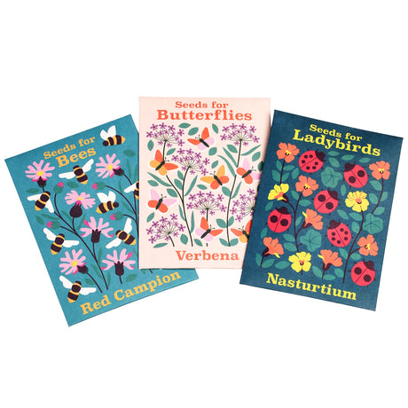 Three flower seed packets for bees, butterflies, and ladybirds: Red Campion, Verbena, and Nasturtium wildflower seeds.