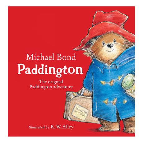 Paddington Bear book cover by Michael Bond and R.W. Alley, featuring Paddington with his suitcase and marmalade jar.
