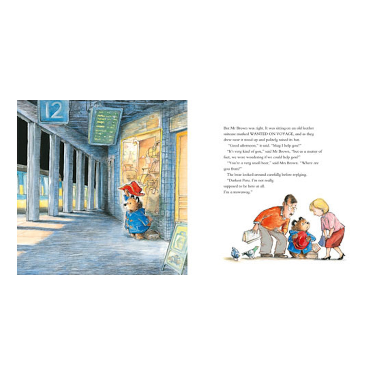 Paddington Bear meets Mr. and Mrs. Brown at a train station in an illustrated page from Michael Bond's book.