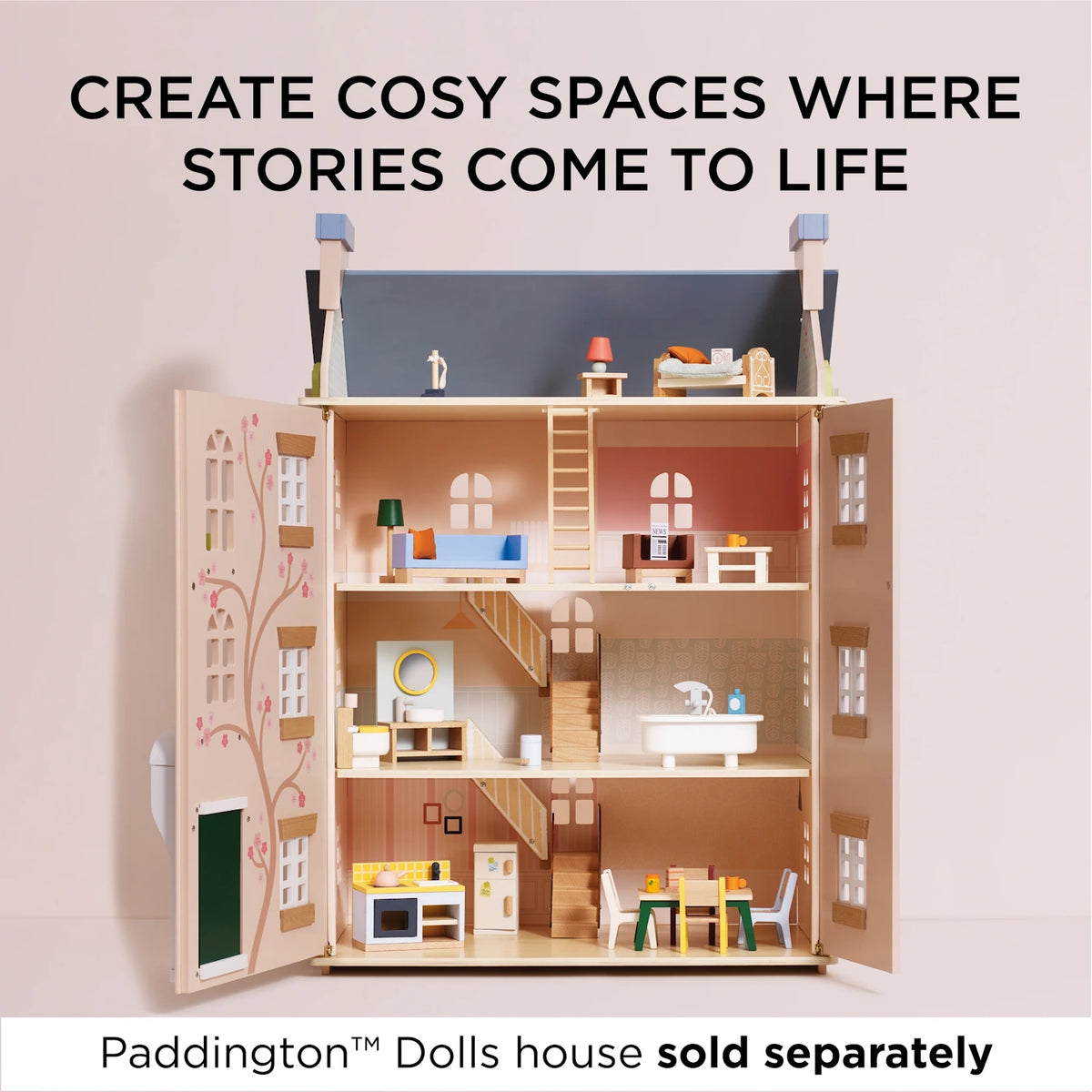 Four-story wooden dollhouse filled with miniature furniture, open to show decorated rooms and stairs.
