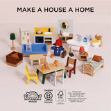 Paddington Bear standing among colorful wooden dollhouse furniture set with sustainable certification logos.