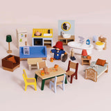 Paddington Bear figure surrounded by colorful wooden dollhouse furniture, including a sofa, bed, and sink.