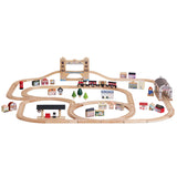 Wooden train set featuring a railway track, bridge, train cars, station, and miniature town buildings.