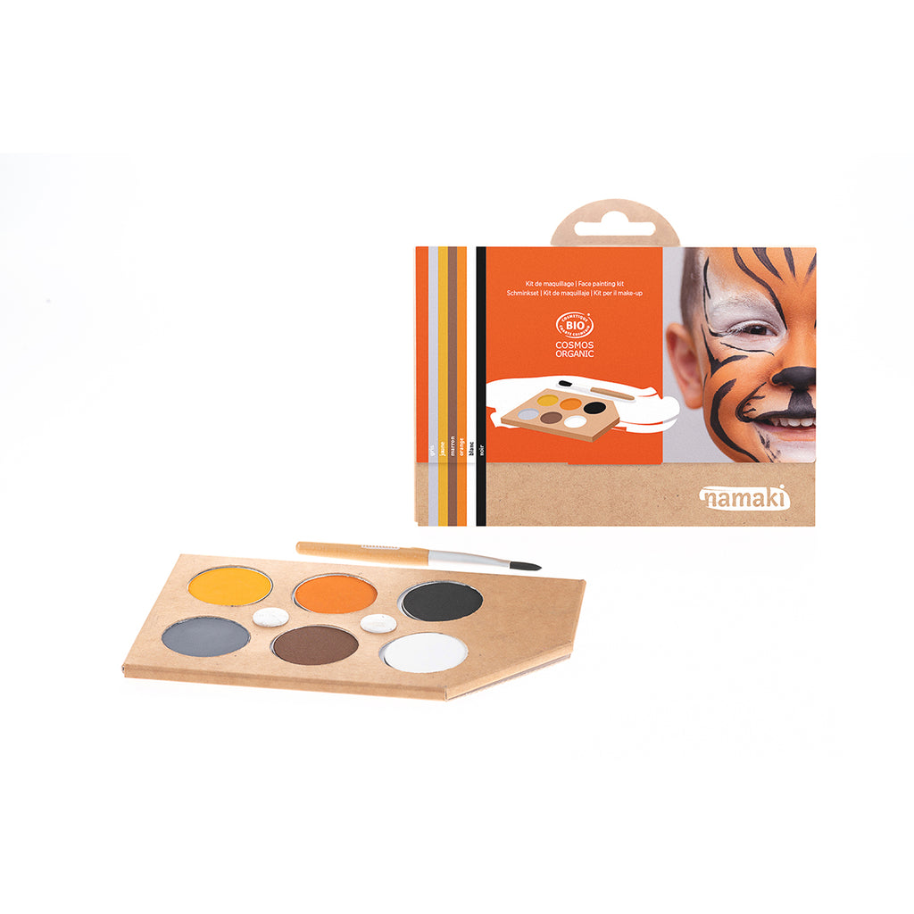 Namaki Wildlife Face Painting Kit packaging featuring a child with a tiger face paint design.