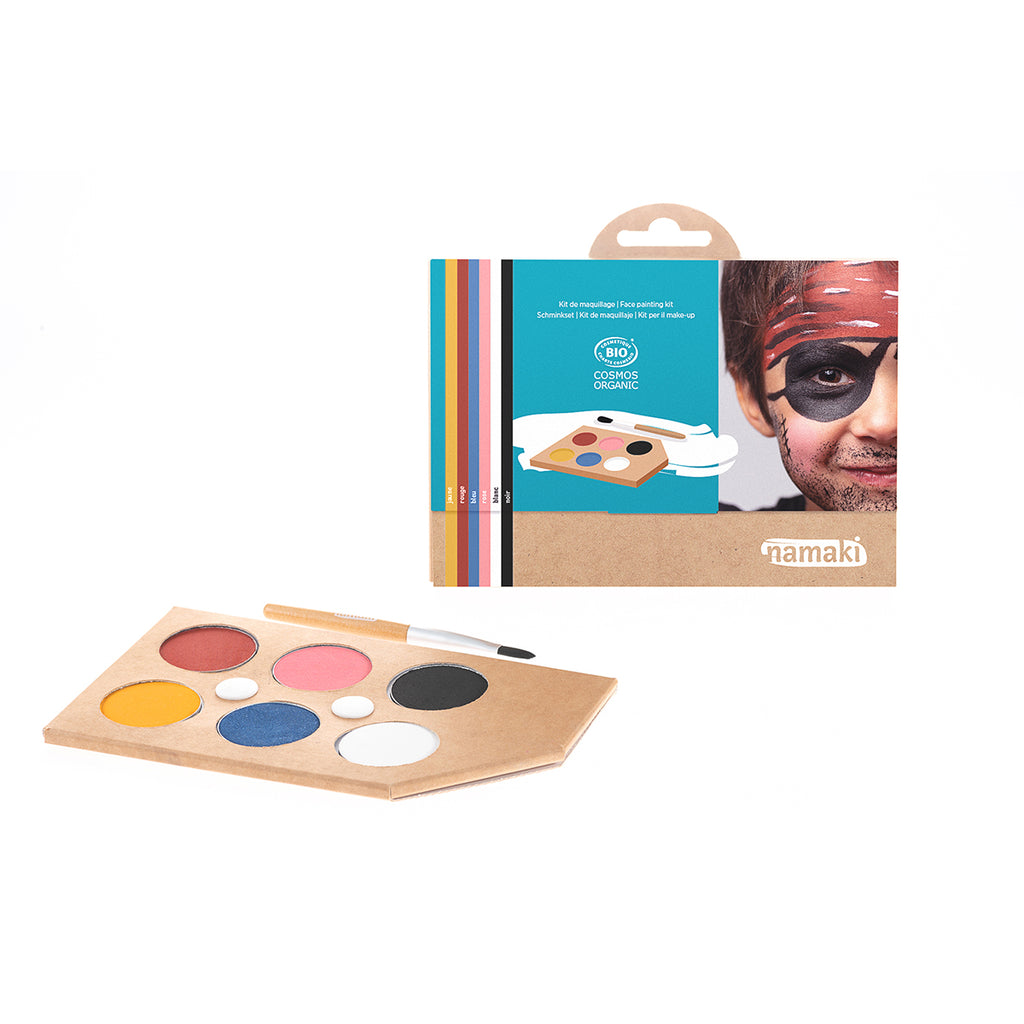 Namaki Face Painting Kit packaging featuring a pirate-themed face-painted child.
