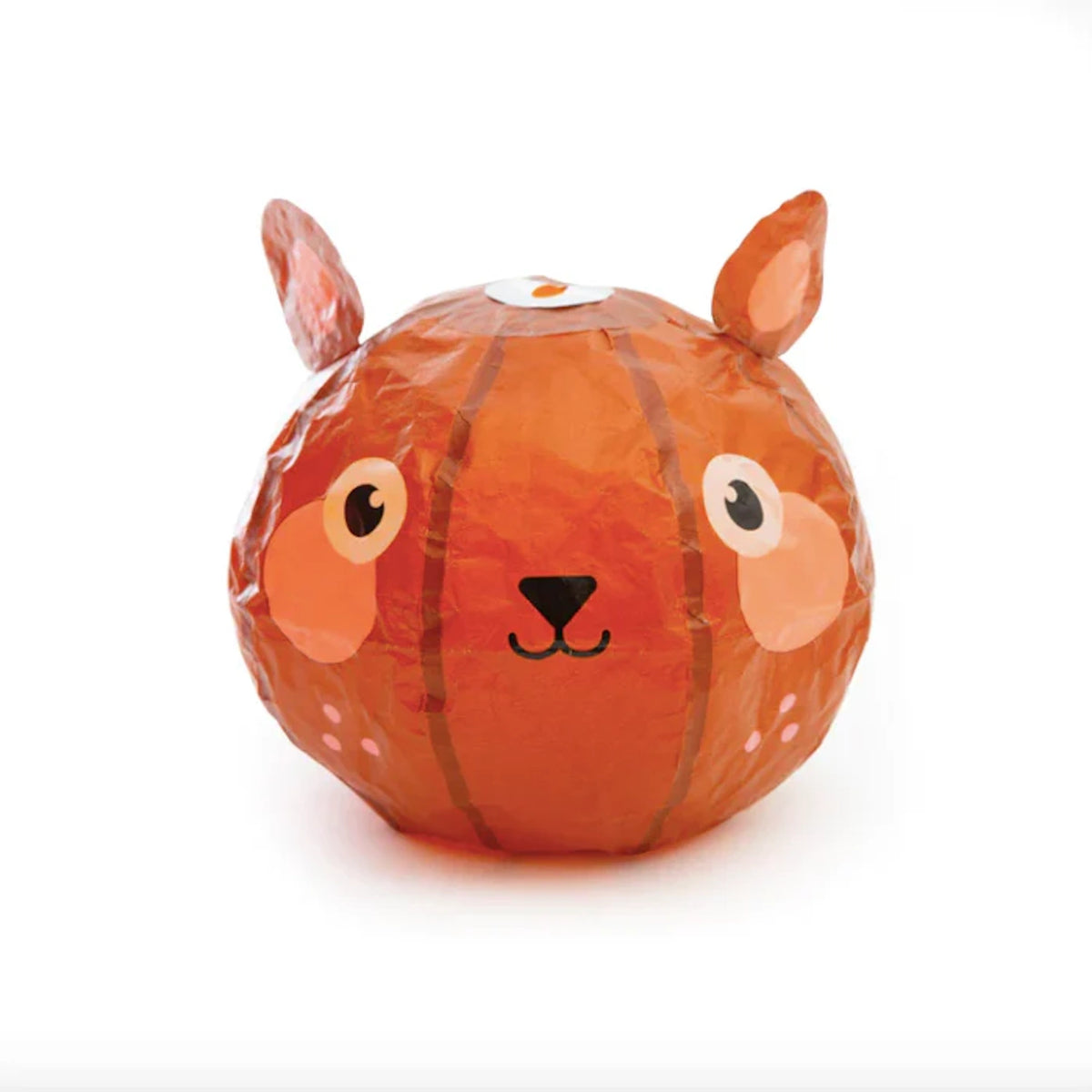 Orange paper lantern shaped like a cute animal head with big eyes, pink cheeks, and small ears. The expression is friendly and whimsical.