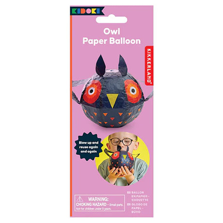 Purple packaging with the text "Owl Paper Balloon" features a colorful, round owl balloon with large eyes. A child holds and inflates the balloon.